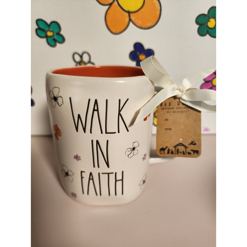 Rae Dunn‎ WALK IN FAITH Floral Ceramic Mug Orange Interior NWT Artisan